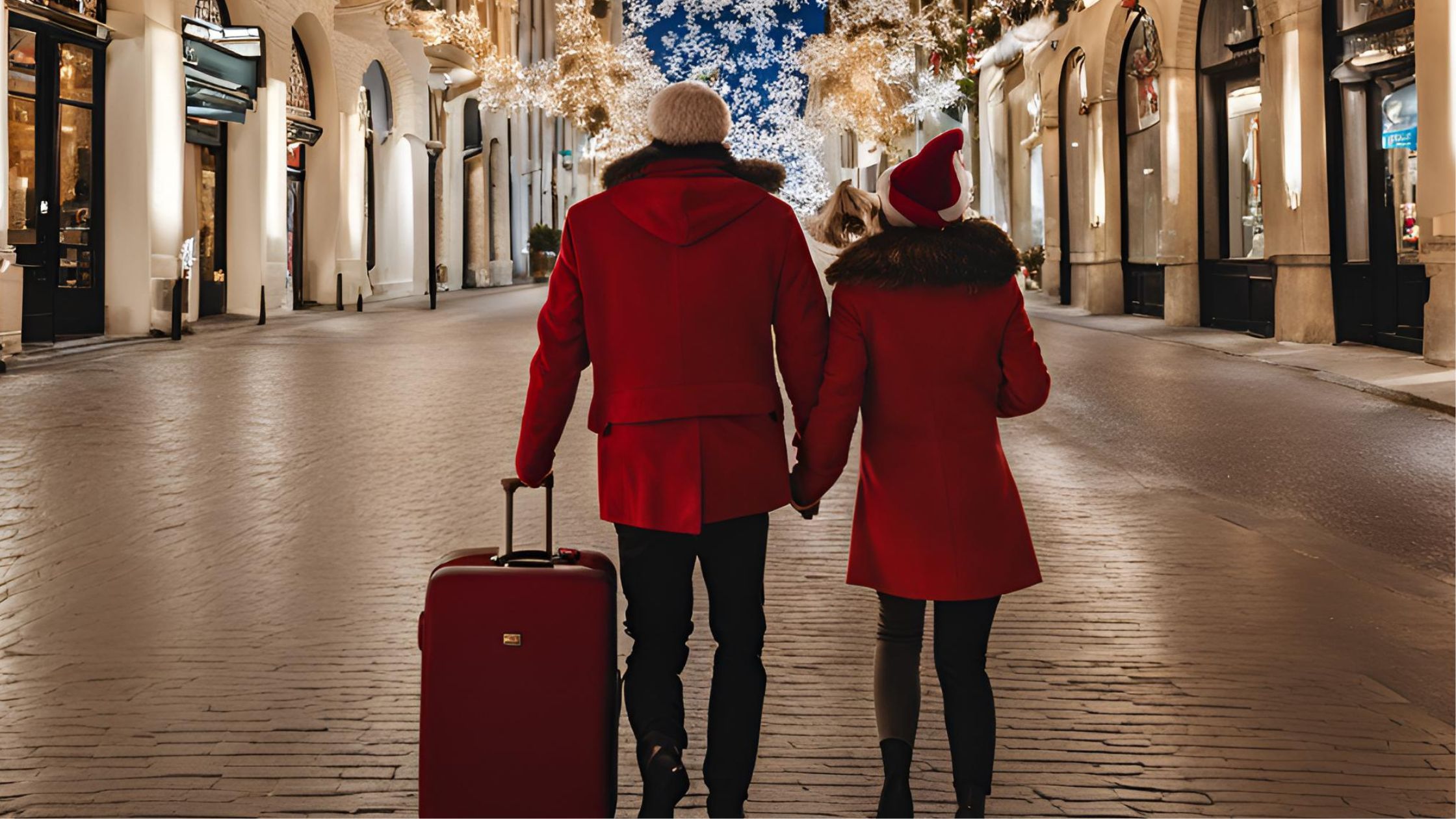 Travel- a man and woman in red coats holding hands and holding a suitcase