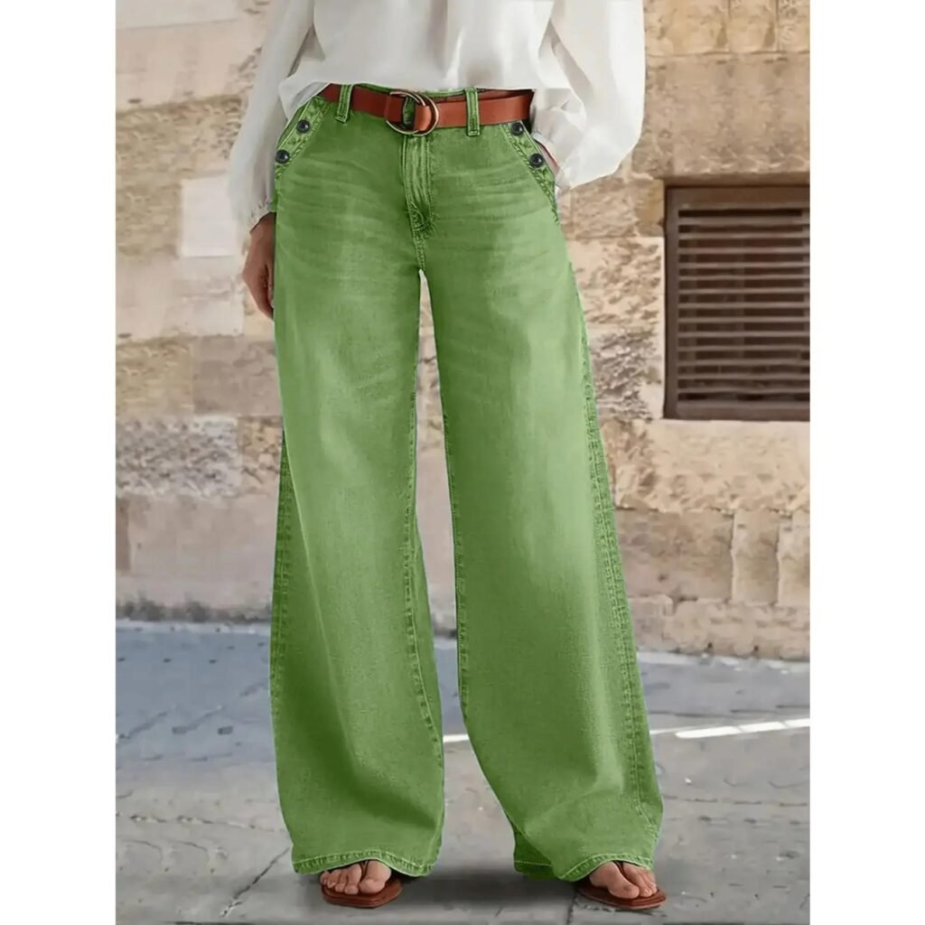 Emerald Green Wide-Leg Jeans – Women’s High-Waist Multi-Button Denim Pants