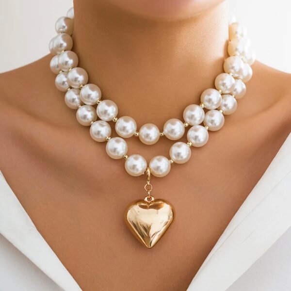 2-Piece Elegant Gothic Pearl Bead Chain Necklace Set with Vintage Heart Pendant