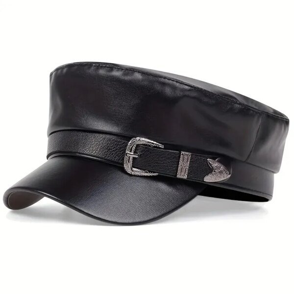 Leather Buckle Sailor Beret – Black Flat Top Cap