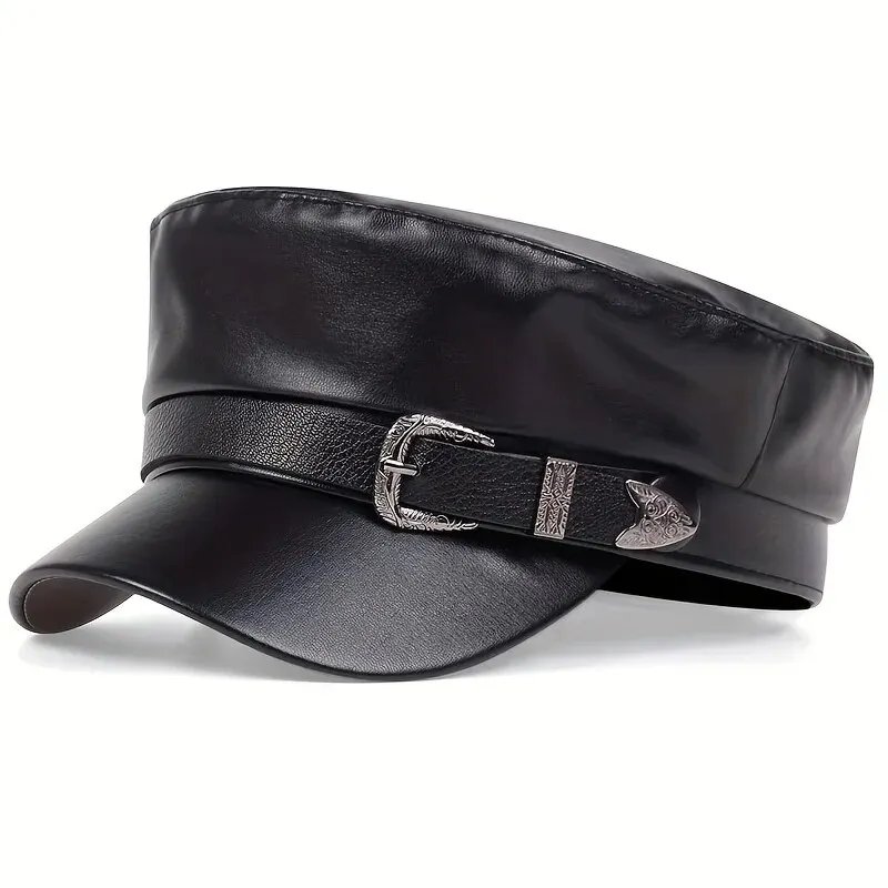 Leather Buckle Sailor Beret – Black Flat Top Cap